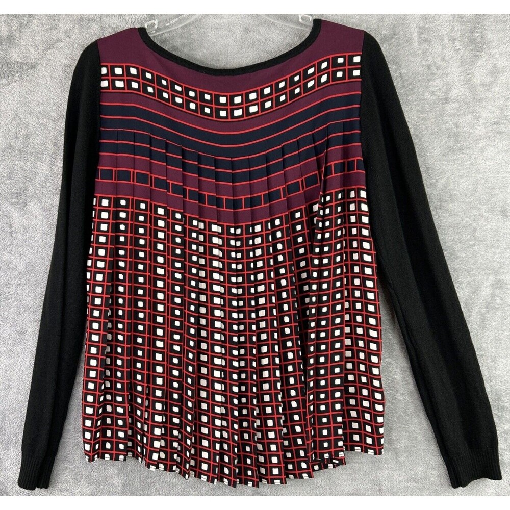 Loft Women's Medium Black Red Sweater Back Pleated Geometric‎ Print Boho Preppy